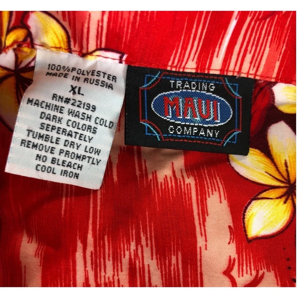 Trading Maui Company Mens Red Tropical Hibiscus Palm Tree Hawaiian Shirt‎ XL Vtg